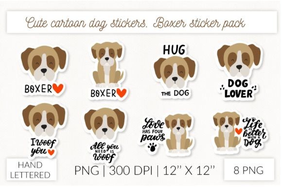 Cute Cartoon Dog Stickers. Puppy Boxer