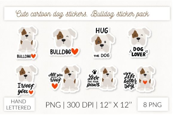 Cute Cartoon Dog Stickers. Puppy Bulldog