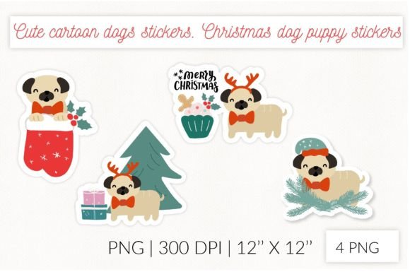 Cute Christmas Pug Stickers. Puppy Dog